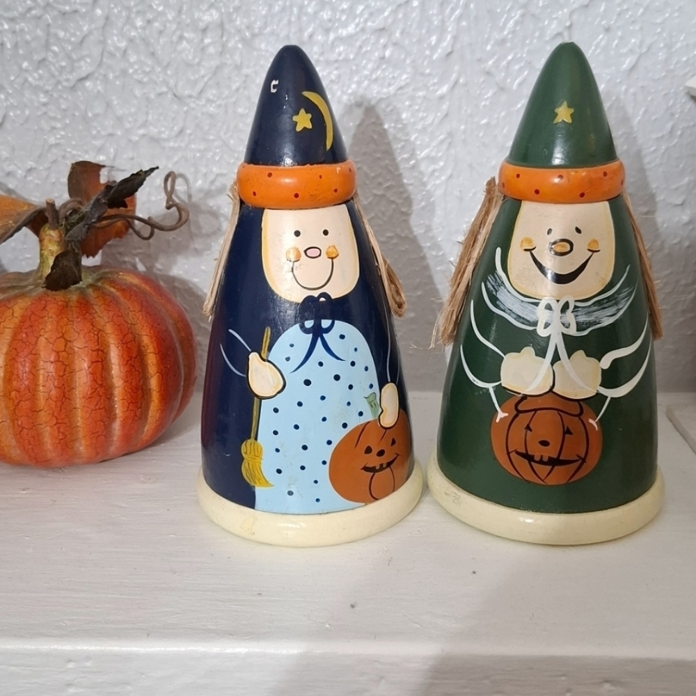 Vintage Wooden Halloween Witch Figurines Pair Hand Painted Pumpkin Decor